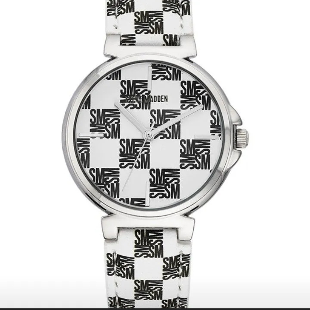 Steve Madden Women's Block Logo White Strap Watch $85